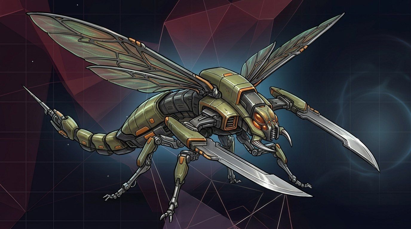 Concept art of a mechanical hornet enemy with blade-like wings.