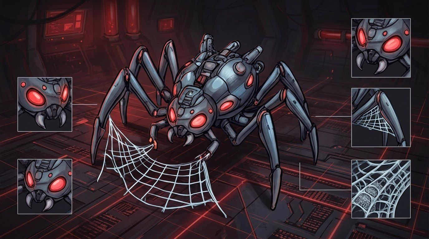Concept art of a robotic spider enemy with glowing red eyes and a web.