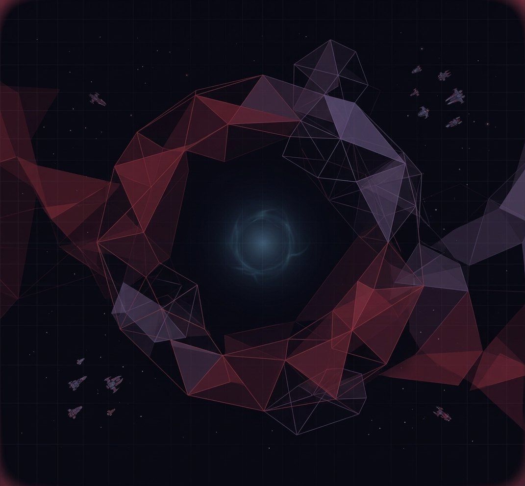 A ring of red and violet low-poly shards orbiting a glowing core, with small ships flying around it.