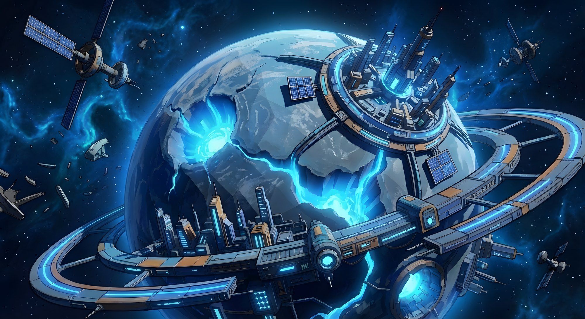 Concept art of a fractured blue planet wrapped in an orbital city ring.