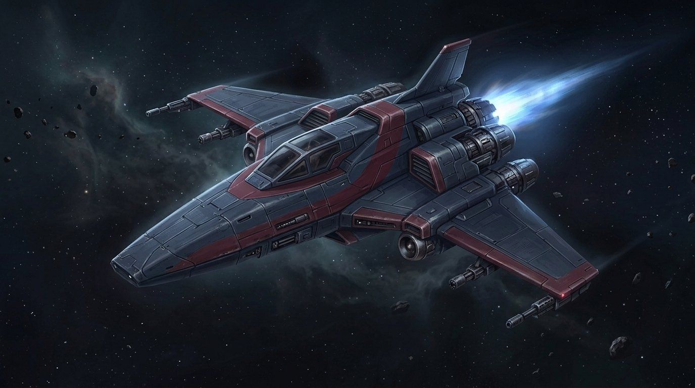 Concept art of a dark grey and crimson starfighter flying through an asteroid field.